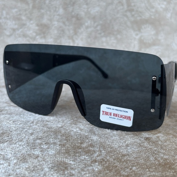 Brand New True Religion Black Rimless Shield Sunglasses Retro Wide Arm Horseshoe - Picture 1 of 14